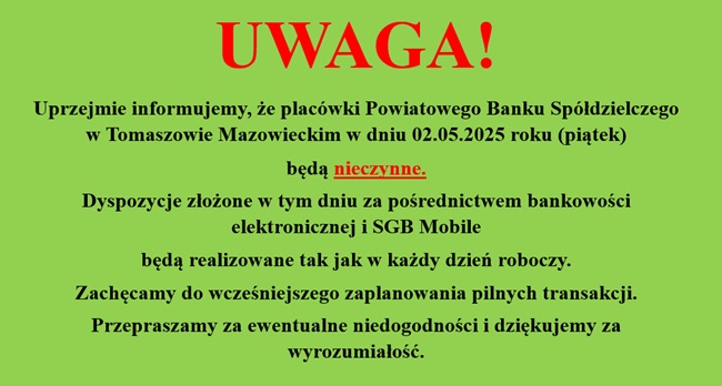 Niedostępność placówek w dniu 02.05.2025 r.