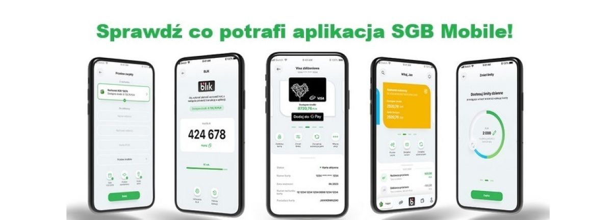 Pięć smartfonów, na ekranach aplikacja mobilna banku.