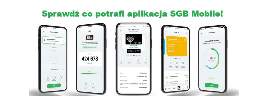 Pięć smartfonów, na ekranach aplikacja mobilna banku.